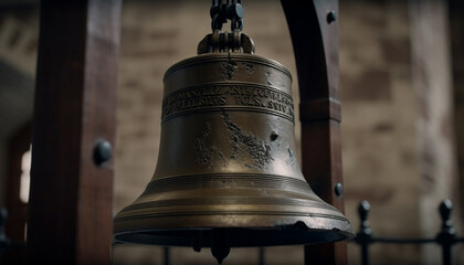 Old brass handbell ringing in Catholic chapel generated by AI