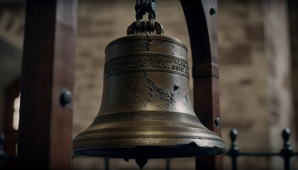 Fototapeta premium Old brass handbell ringing in Catholic chapel generated by AI