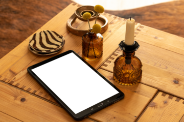 Tablet Mock up / vector with blank screen isolated / Generic tablet Mockup on table / Isolated Tablet / Smartphone / Isolated Phone with Decor / Isolated Screen / PNG / Advertising / Transparent