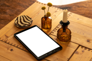 Tablet Mock up / vector with blank screen isolated / Generic tablet Mockup on table / Isolated Tablet / Smartphone / Isolated Phone with Decor / Isolated Screen / PNG / Advertising / Transparent