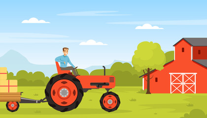 Happy Man Farmer Driving Tractor with Hay Bale Vector Illustration