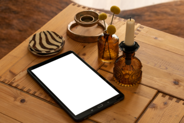 Tablet Mock up / vector with blank screen isolated / Generic tablet Mockup on table / Isolated Tablet / Smartphone / Isolated Phone with Decor / Isolated Screen / PNG / Advertising / Transparent