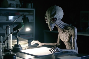 Lab alien at Area 51 studying materials or conducting scientific research to help humanity. Friendly extraterestrial being in the laboratory helping humans evolve. Ai generated