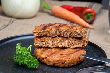 Tasty vegan burgers made from vegetarian plant based soya beans imitation meat