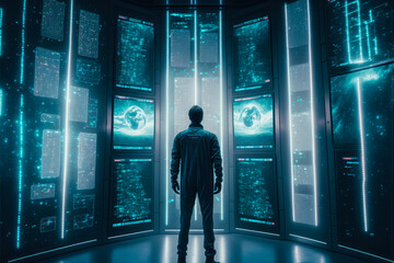 Person standing in front of a wall of holographic screens displaying different types of data and information. Futuristic technology reflecting the industrial aspect of the theme. Generative AI