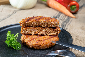 Tasty vegan burgers made from vegetarian plant based soya beans imitation meat