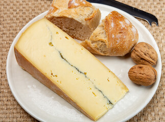 Cheese collection, French Morbier semi-soft cow milk cheese with black mold layer