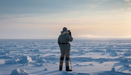 Two men fishing in cold winter sunset generated by AI