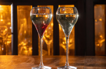 Drinking of Kir Royal, French aperitif cocktail made from creme de cassis topped with champagne, typically served in tulip glasses