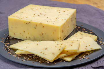 Cheese collection, piece of cow milk Dutch gouda cheese with dried aromatic cumin seeds close up
