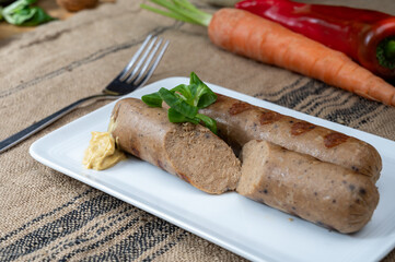 Tasty vegan sausages made from vegetarian plant based soya beans imitation meat