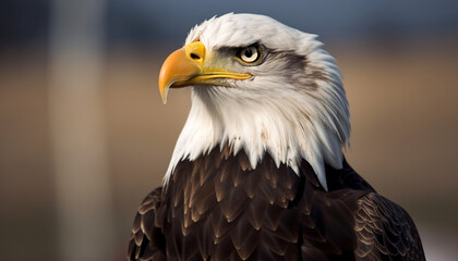 Obraz premium Majestic Bald Eagle perching, selective focus, proud symbol generated by AI