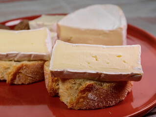 Lunch with fresh baguette and French white mold soft cow milk cheese Caprice des Dieux from Haute-Marne region, France