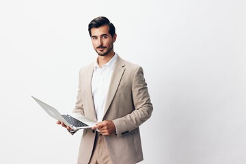 man stylish computer smiling suit copyspace business job freelancer internet laptop