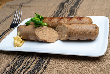 Tasty vegan sausages made from vegetarian plant based soya beans imitation meat