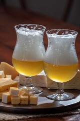 Glasses of Belgian light blonde beer made in abbey and wooden board with variety of belgian cheeses