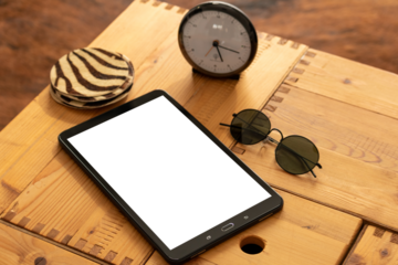 Tablet Mock up / vector with blank screen isolated / Generic tablet Mockup on table / Isolated Tablet / Smartphone / Isolated Phone with Decor / Isolated Screen / PNG / Advertising / Transparent