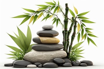 Fototapeta na wymiar spa still life with stones and orchid, isolated on white rocks stacked atop, vibrant color gradients, naturalistic zen treatment, massage relaxation balance, meditation background, generative ai