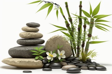 Fototapeta na wymiar spa still life with stones and orchid and bamboo, isolated on white rocks stacked, vibrant color gradients, naturalistic zen treatment, massage relaxation balance, meditation background, generative ai