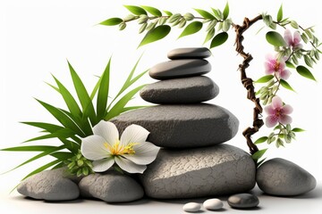 Obraz na płótnie Canvas spa still life with stones and orchid, isolated on white rocks stacked atop, vibrant color gradients, naturalistic zen treatment, massage relaxation balance, meditation background, generative ai