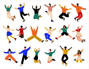 Happy People Character Jumping with Joy and Excitement Feeling Energy and Celebrating Something Vector Big Set
