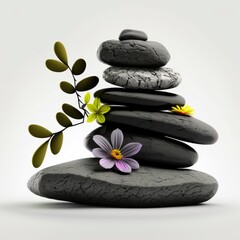 spa still life with stones and orchid, isolated on white rocks stacked atop, vibrant color gradients, naturalistic zen treatment, massage relaxation balance, meditation background, generative ai
