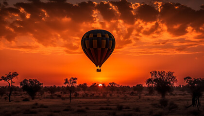 Obraz premium Colorful balloons soar over tranquil African landscape generated by AI