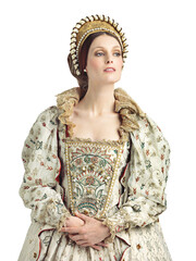 Theatre costume, medieval queen and luxury vintage fashion for main character in historic stage...