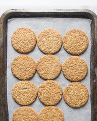 Top view of oat cookies, homemade oatmeal cookies, Top view of thin oat biscuits