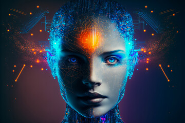 Image head with holographic symbols/forms, reflecting technology and futuristic aesthetics with bright/neon colors. Generative AI