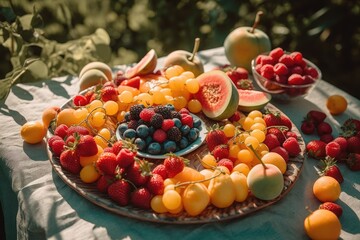 Naklejka premium A beautifully arranged fruit platter on a sunny day, generative ai, ai, generative
