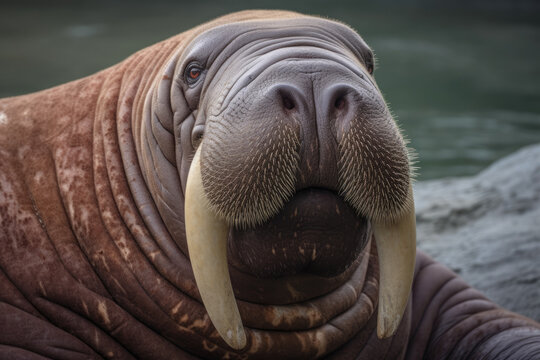 image of a walrus up close looking at the camera.