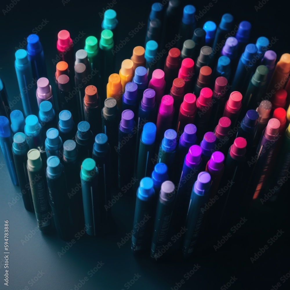 Aufkleber a close up of many different colored pens. ai generative image.