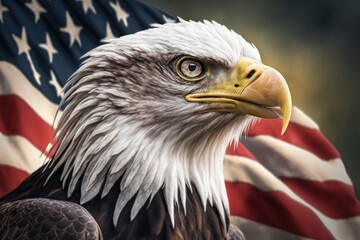 american bald eagle and american flag background, angle view