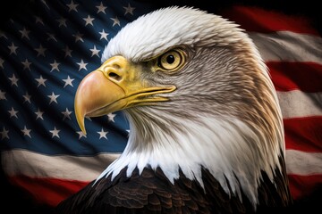 american bald eagle and american flag background, angle view