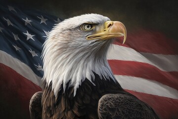 Naklejka premium american bald eagle and american flag background, angle view