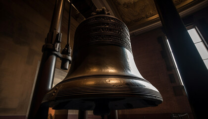 Fototapeta premium Bronze handbell symbolizes spirituality and religion history generated by AI