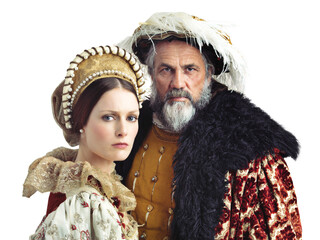 Medieval fashion, theatre and portrait of couple in vintage costume, serious face and stage...