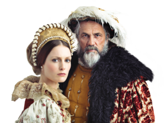 Medieval fashion, theatre and portrait of couple in vintage costume, serious face and stage performance art. History, man and woman in renaissance theater act isolated on transparent, png background.