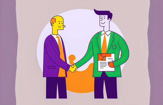 Person shaking hands with their boss, pride and accomplishment are expressed through simple, childlike style and bright colors. Image represents promotion and career advancement. Generative AI