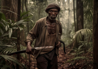 Obraz premium One old man, standing, holding machete, looking generated by AI