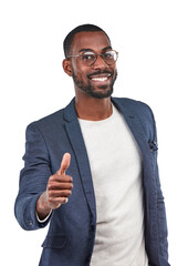 Black man, thumbs up and portrait isolated on transparent, png background for success, support or...