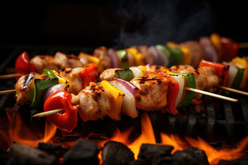 Summer BBQ with chicken kebabs on skewers over hot coals with flames.  Generative AI.