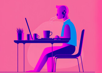 An image depicting a man sitting at his desk with coffee and computer. Simple and childlike style, bright colors, reflecting concentration and determination. Generative AI