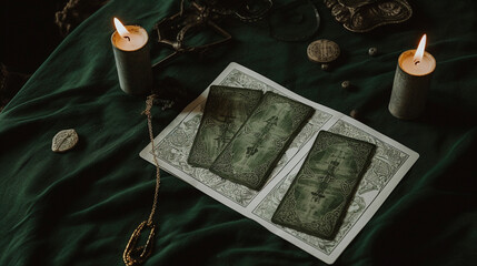 Green Tarot Cards Surrounded by Crystals, Healing Stones, and Candles for a Tarot and Oracle Card Reading through Divination in a Witchy Aesthetic - Generative AI