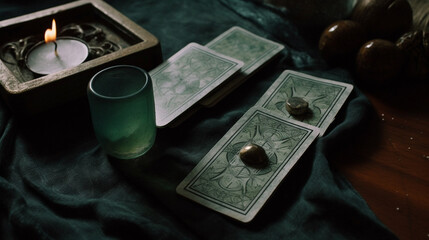 Obraz na płótnie Canvas Green Tarot Cards Surrounded by Crystals, Healing Stones, and Candles for a Tarot and Oracle Card Reading through Divination in a Witchy Aesthetic - Generative AI
