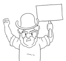 Template in outlines with angry worker holding blank banner, Vector illustration
