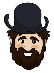 Face of a happy man with beard and bowler hat in cartoon style, Vector illustration