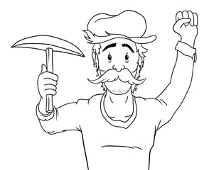 Man with mustache, cap, raised fist and pickaxe in outlines, Vector illustration