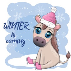 Cute donkey in santa hat with balloon, gift, candy kane, ice skating and winter sports. Postcard for Christmas